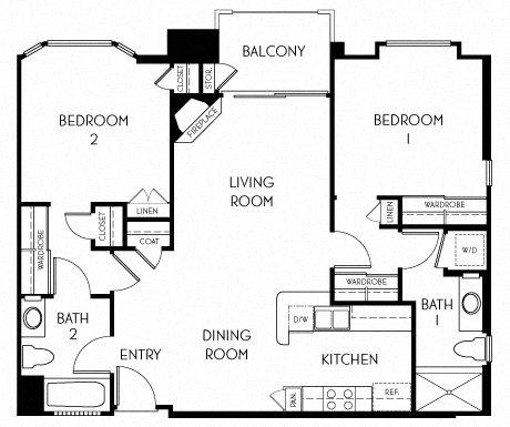 Floor plan for 2 beds, 2 baths, 961 sqft